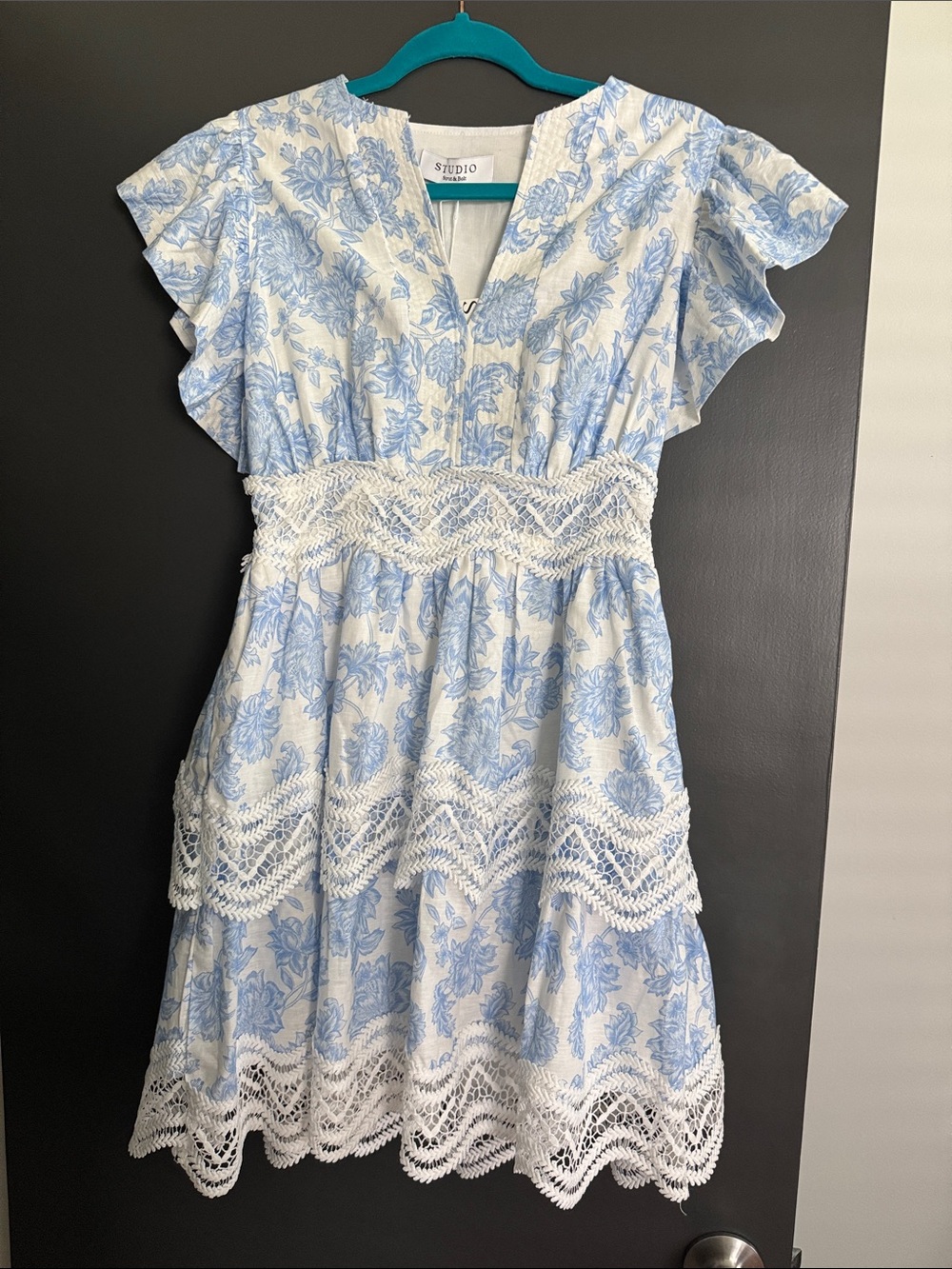 Studio Strut & Bolt Mini Dress in White with Light Blue. Impeccable Pig boutique